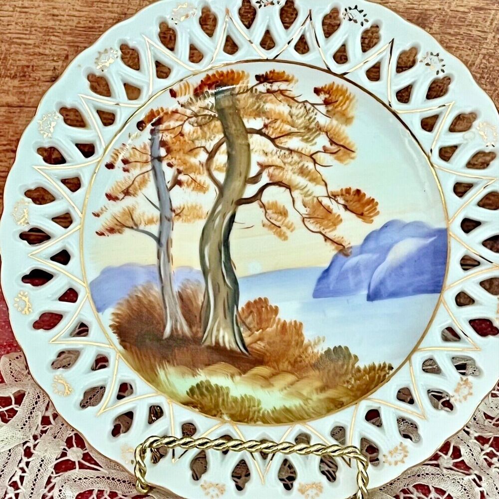 Vintage Reticulated Plate Hand Painted with Autumn Trees Water Gold Trim